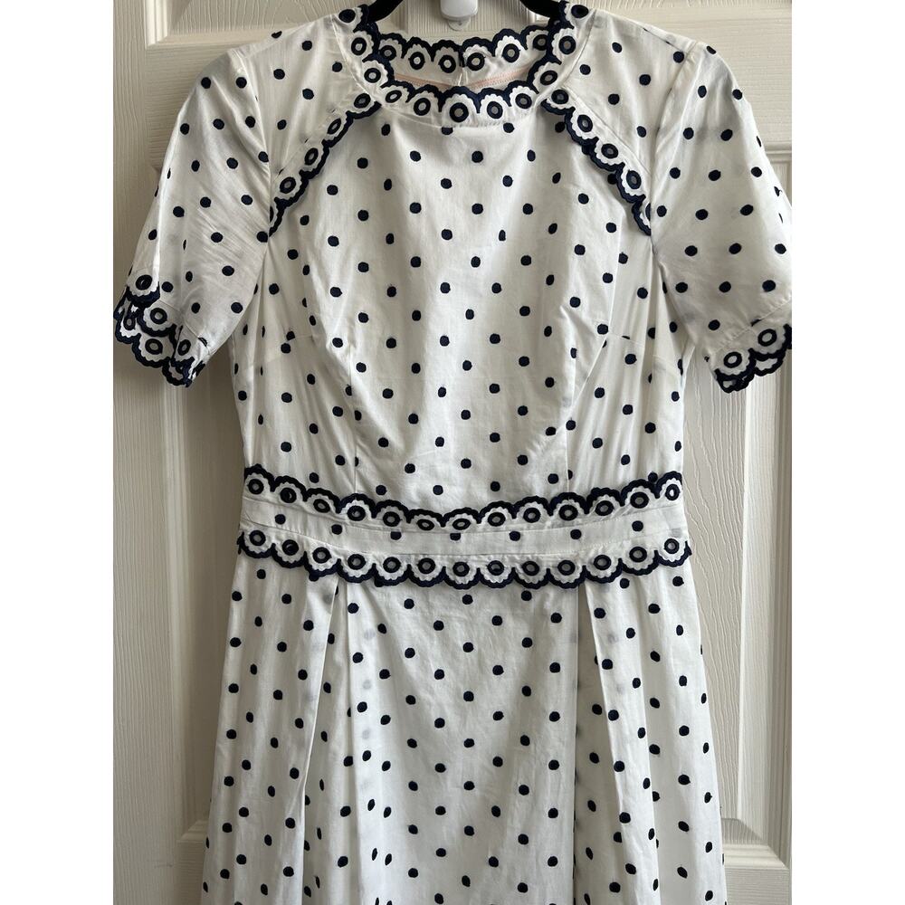 BODEN Kimberly Navy White Polka Dot Embroidered Scallop Trim Midi Dress Sz 6R - Picture 6 of 14